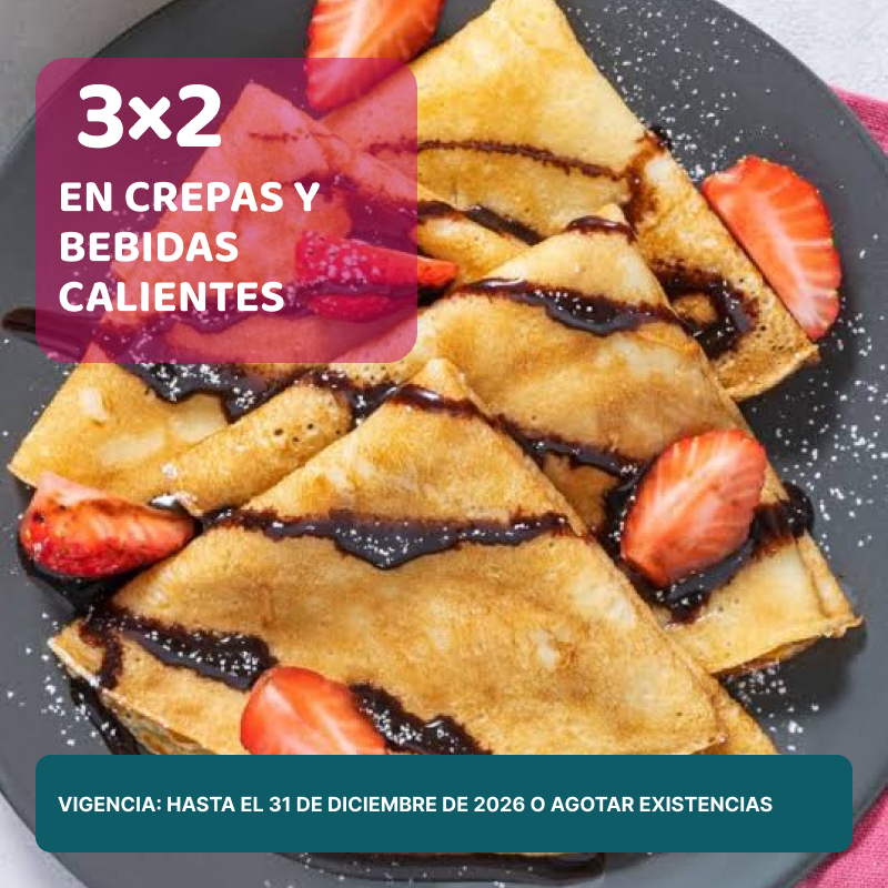 3x2 en crepas y bebidas calientes en Punto Fresh
